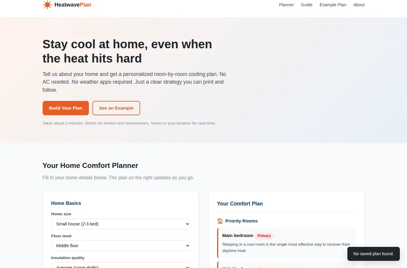 Screenshot of Heatwave Household Comfort Plan interface showing the project page in use